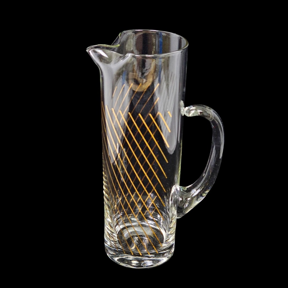 Vintage Mid Century Glass Small Cocktail Pitcher Gold Diagonal‎ Striped